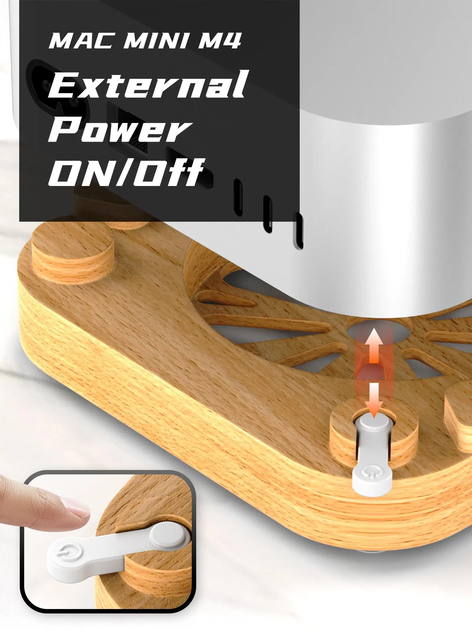 Base de madera a prueba de polvo para Mac Mini M4 y M4 Pro, soporte de escritorio para ordenador con botón de encendido externo, soporte de base de disipación de calor - imagen 3