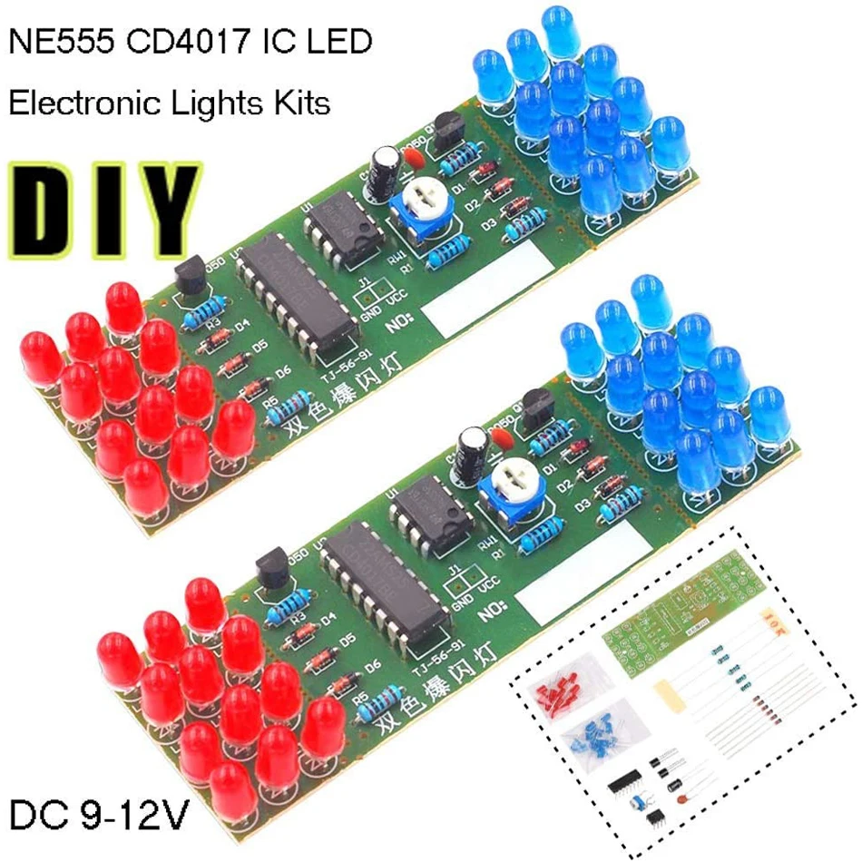 Kits de luces electrónicas LED NE555 CD4017 IC, Kit DIY de doble Color rojo y azul, traje electrónico estroboscópico, componentes de luces intermitentes DIY - imagen 4