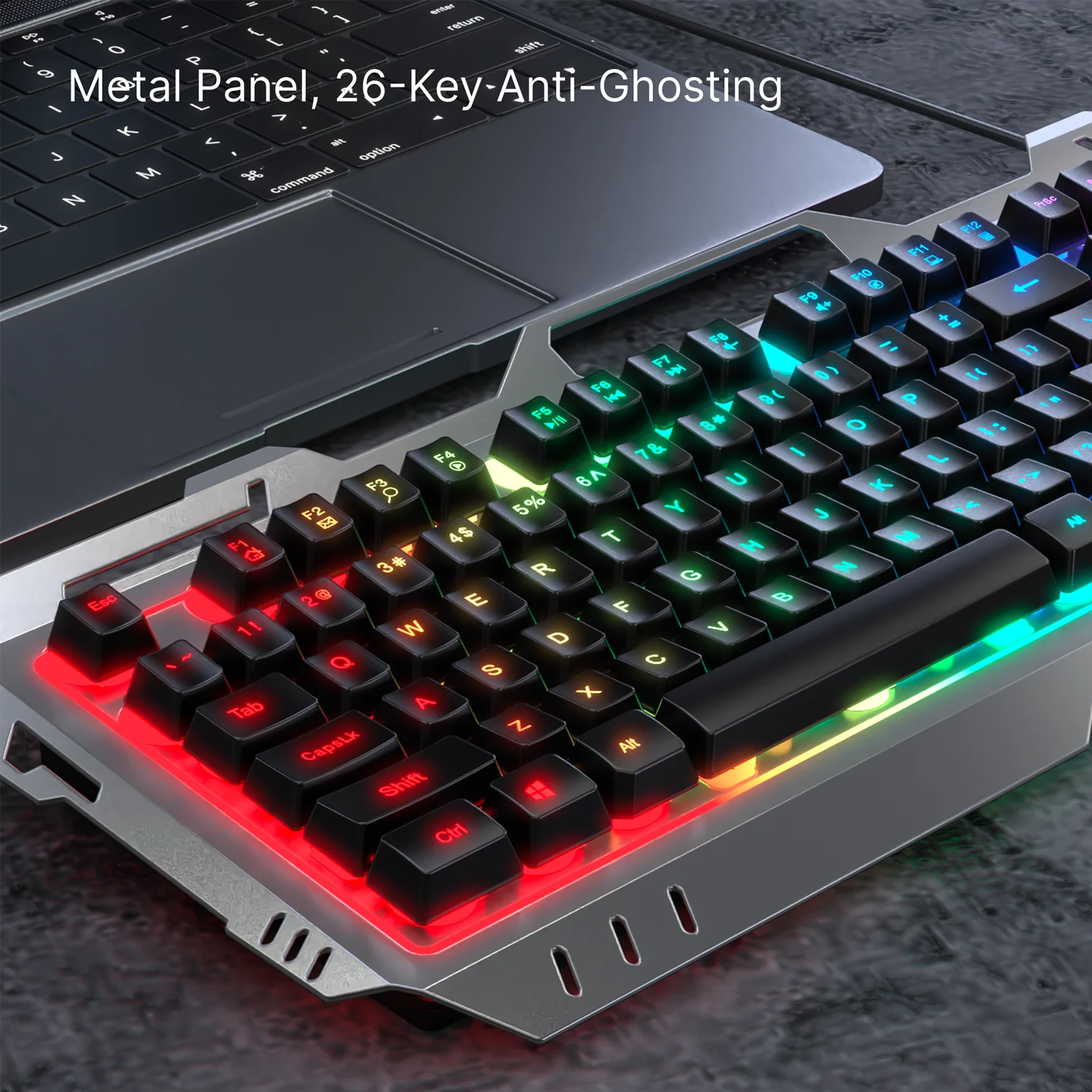 Teclado silencioso para juegos EWEADN GX80Z, panel totalmente metálico con cable de 104 teclas, cable USB retroiluminado, juego, oficina, deportes, hogar, Windows Laptop PC - imagen 4