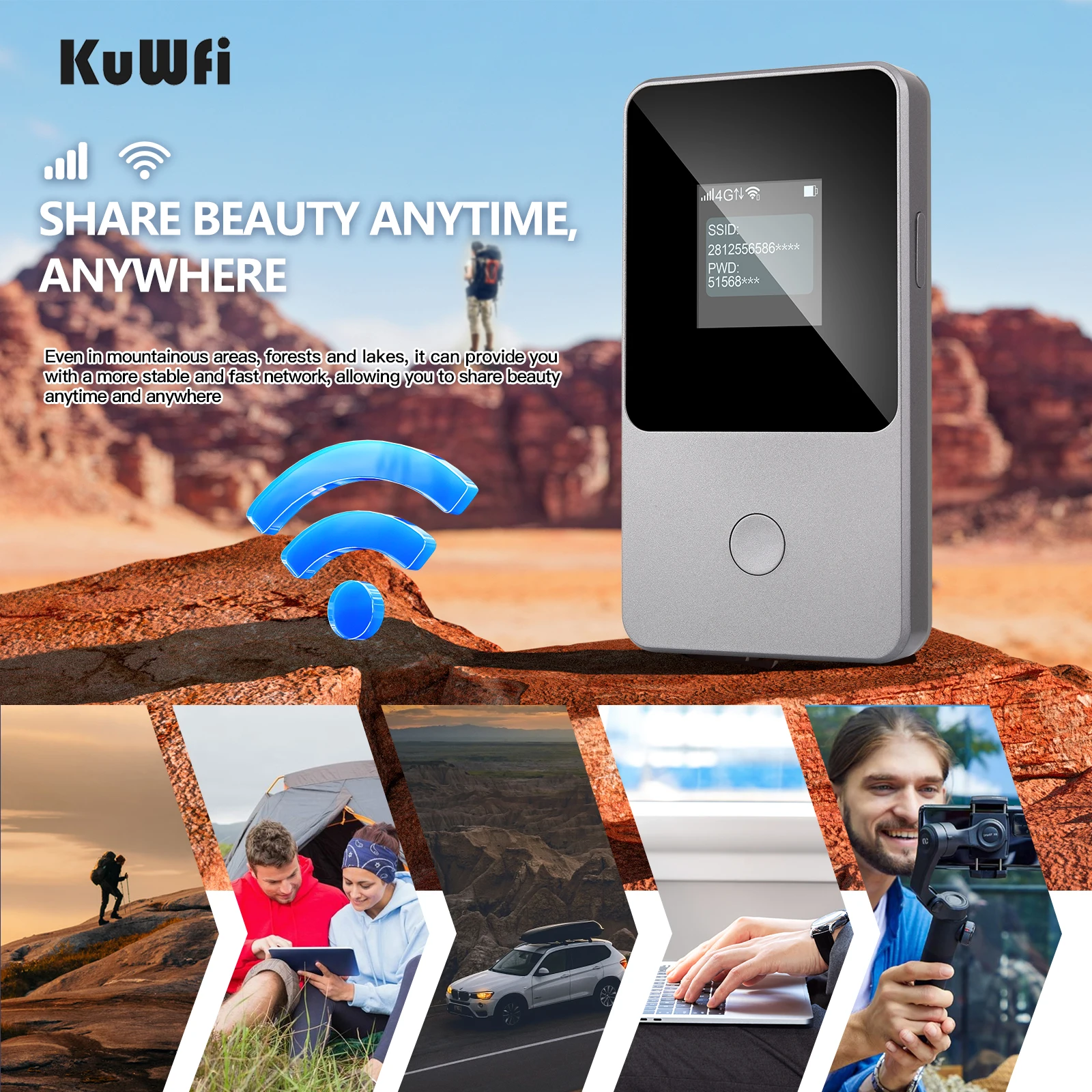 KuWfi-enrutador WiFi 4G LTE de 150Mbps, 3500mAh, punto de acceso Wifi portátil para viaje, sin necesidad de tarjeta SIM, 3GB de datos, 30 días para más de 160 países - imagen 5