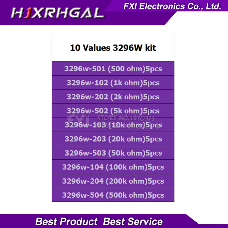Kit de potenciómetro recortador multigiro, 50 piezas, 3296W, resistencia Variable 3296 de alta precisión con caja gratis, kit electrónico diy - imagen 3