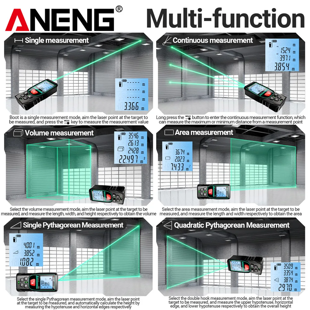 ANENG K50/70/100/120 telémetro láser volumen/medida del área ± 3mm precisión de medición 20 herramienta de prueba de diastímetro de almacenamiento de datos de grupo - imagen 2