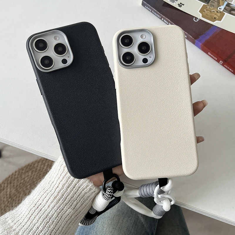 Funda de teléfono de cuero mate de lujo con cordón, cubierta protectora de lente para iPhone 16, 15, 14 Plus, 13, 12, 11 Pro Max, X, XS Max, XR, 7, 8, SE2 - imagen 2