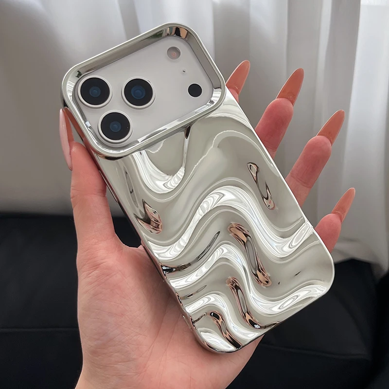 Popular Bling Silver 3D Fold Waves Lines funda para iPhone 17 Pro Max Air 16 15 13 14 11 12 funda trasera de TPU suave y brillante
