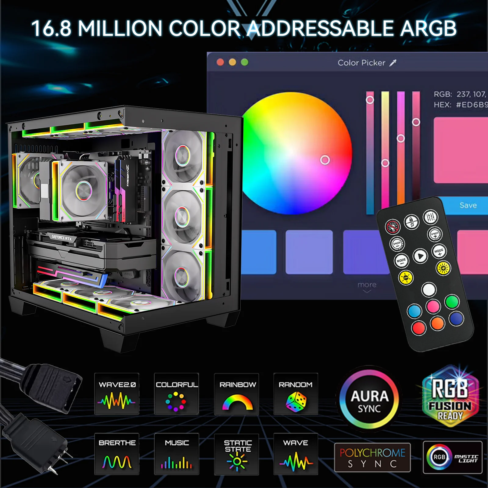 GSCOLER FB120 ARGB ventilador de refrigeración de CPU 120mm PWM ARGB ventilador de caja silenciosa ventilador de chasis de empalme inalámbrico con Mini controlador - imagen 3