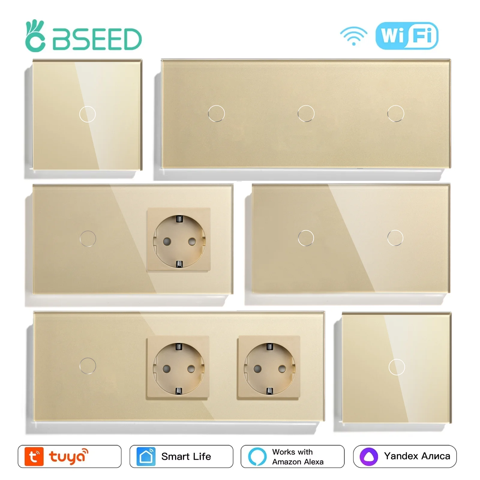 BSEED Wifi 1/2/3 interruptores táctiles de pared 1/2/3 vías más tomas de corriente Tuya Smart Life Alice Control Panel de vidrio estándar de la UE