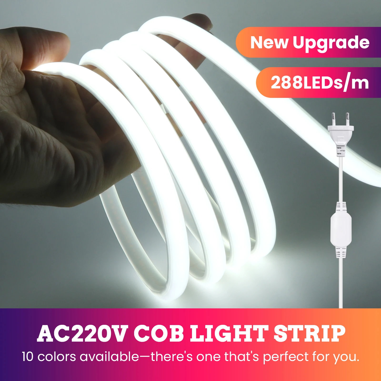 Tira de luces LED Cob de 220V, 288LEDs/m, cinta de luz de neón Flexible impermeable de alta densidad para exteriores, decoración para armario de cocina y dormitorio - imagen 3