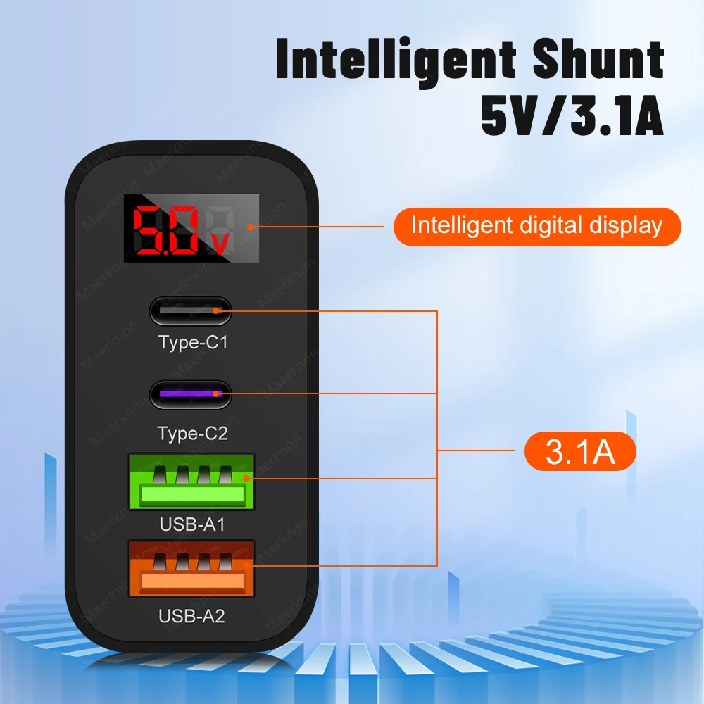 Cargador USB de 45W, 4 puertos tipo C, carga rápida, cargador de pared con pantalla Digital para iPhone, Samsung, Xiaomi, Huawei, adaptador de cargador de teléfono - imagen 3