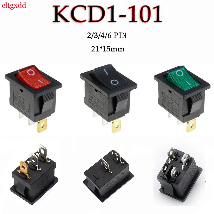 Se muestran cuatro interruptores KCD-101 de color diferente