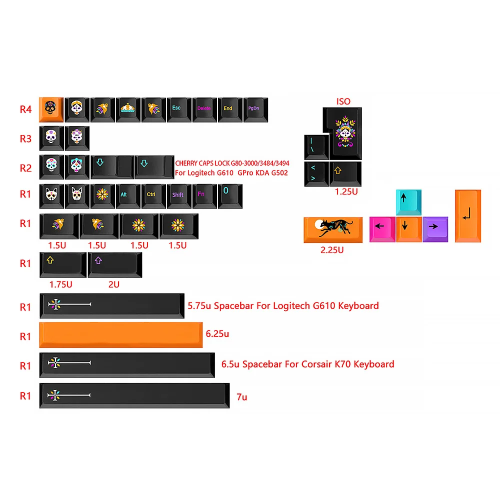 Mictlan-Juego de teclas de Cherry Height pbt dye sub para Gaming gk61/64/68/G610 K70 GMMK gmk, teclas iso - imagen 2