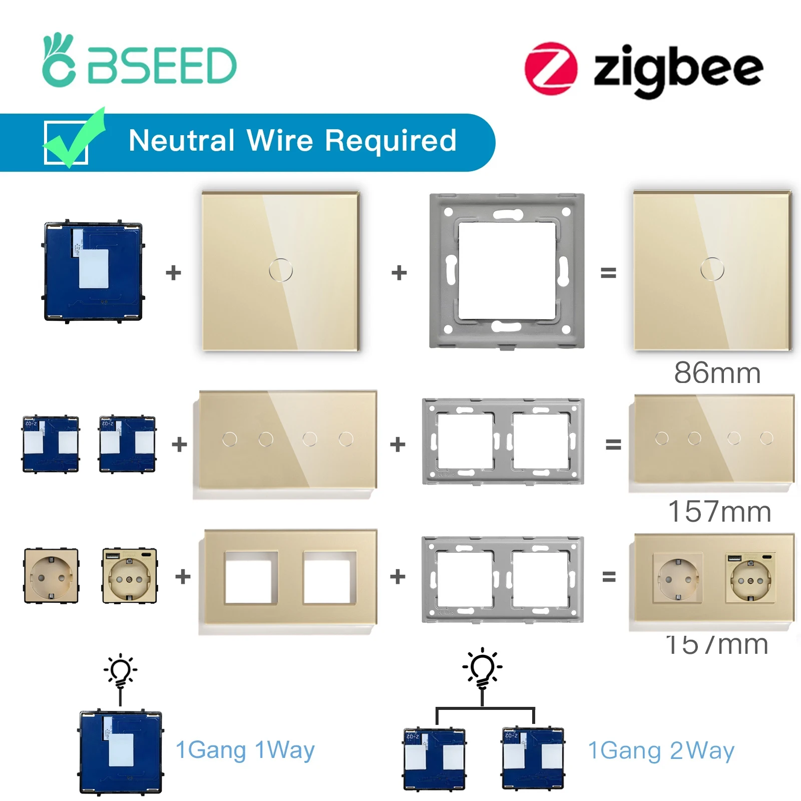 BSEED-interruptores inteligentes táctiles Zigbee, Base de función de 1/2/3 vías, marcos de Panel de vidrio con aplicación Tuya Smart Life, enchufe de la UE, combinación gratuita - imagen 2