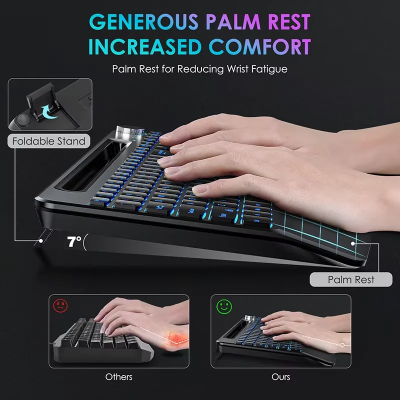 Teclado inalámbrico retroiluminado, teclado iluminado ergonómico de tamaño completo con reposamuñecas, soporte para teléfono, teclado silencioso recargable de 2,4 GHz - imagen 4