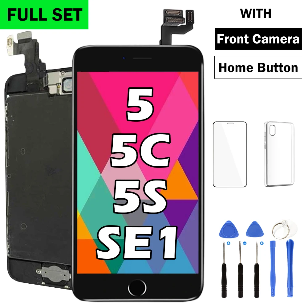 Pantalla LCD para iPhone 5, 5C, 5S, SE 2016, conjunto completo de montaje, reemplazo de digitalizador táctil completo, cámara frontal y botón de inicio