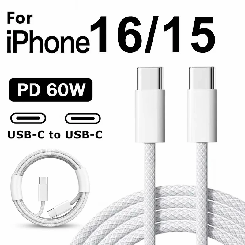 Cable de carga rápida PD USB-C a tipo C de 60W para iPhone 15 16 Pro Max 15 16 Plus Samsung S24 S25 Cables de cargador rápido Dual tipo C