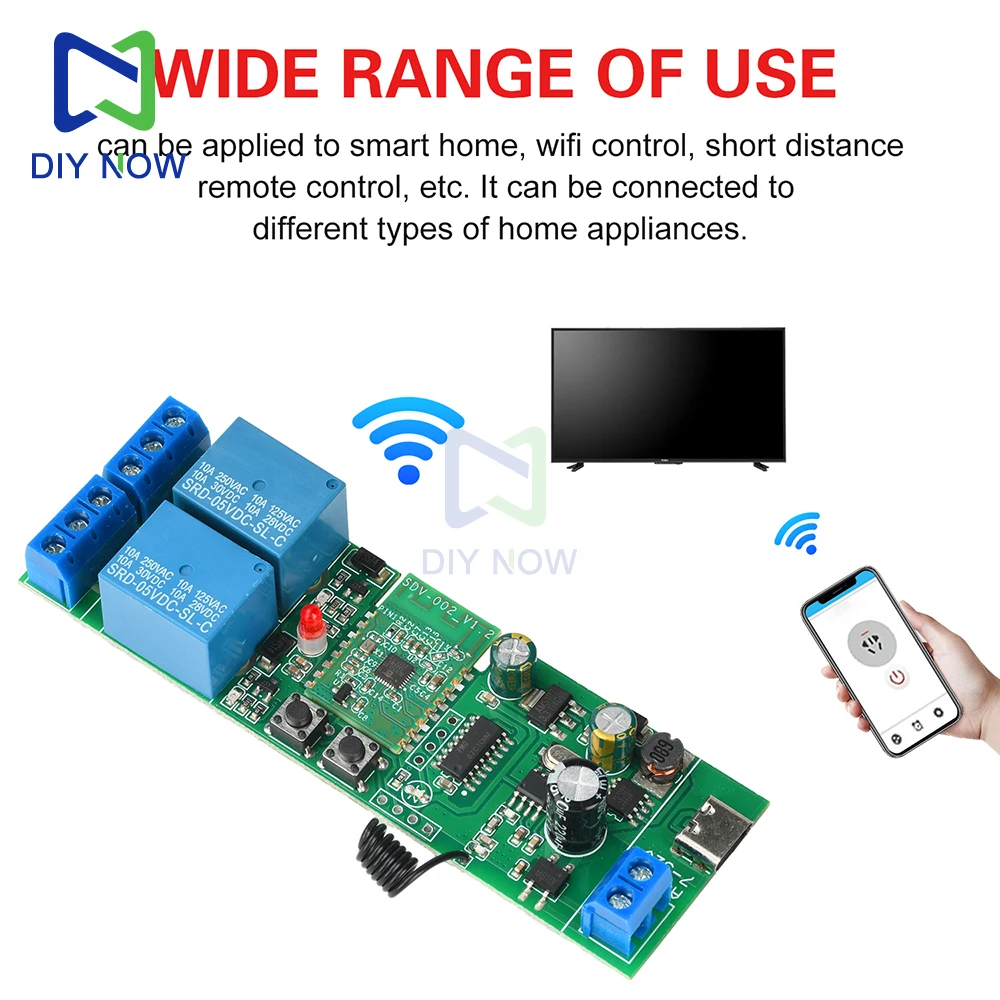 Módulo de interruptor de relé WIFI Bluetooth de 2 vías versión RF módulo autoblocante de avance lento 433MHZ Control remoto RF AC/DC 7-32V/tipo C 5V - imagen 2