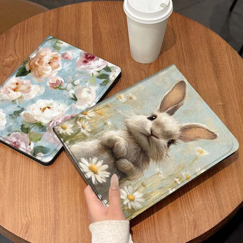 Pintura artística flores conejo para Xiaomi Redmi Mi Pad 2 4 5 6 6s 7 8 11 12,5 12,4 11,2 8,7 SE Pro Plus Max funda para tableta
