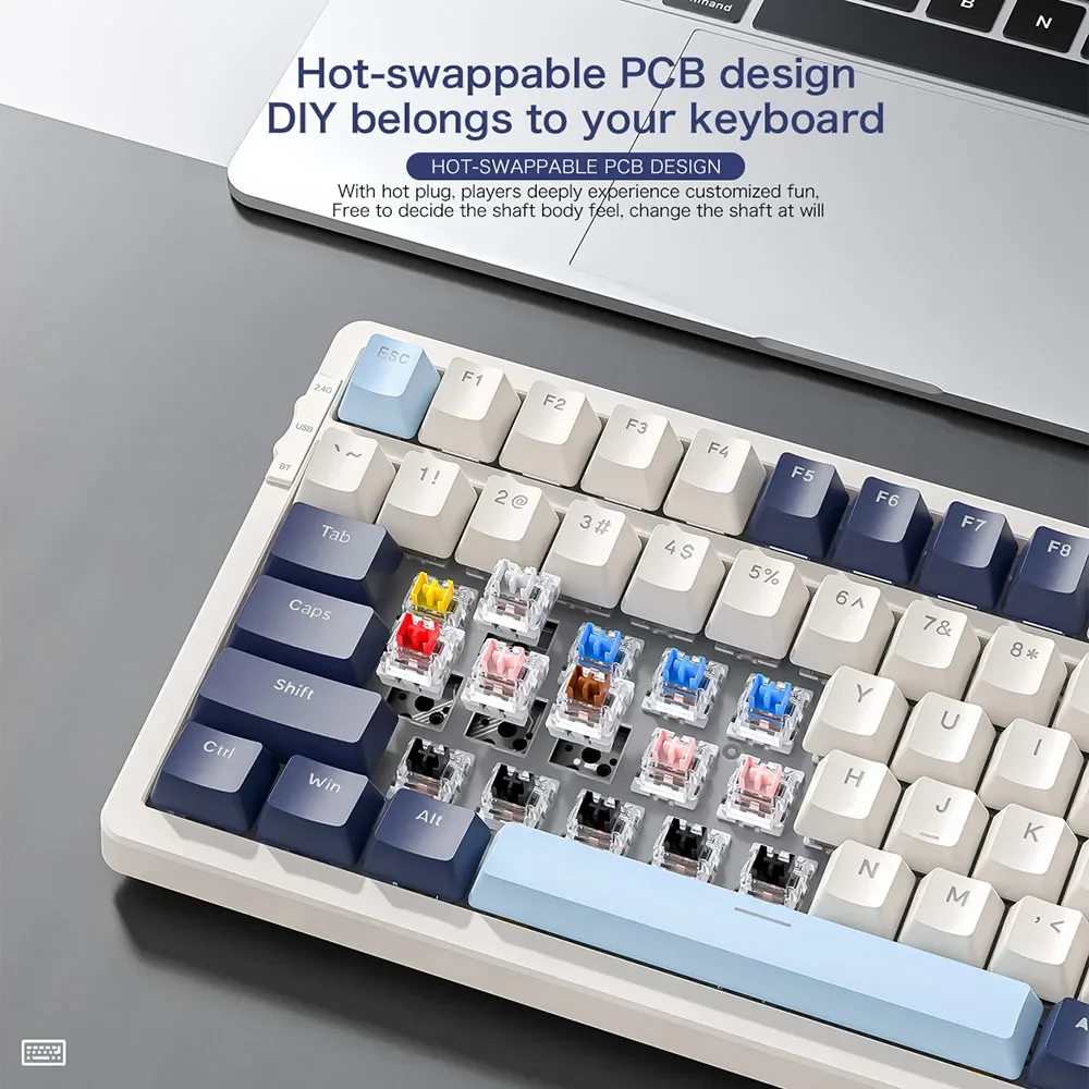 Teclado mecánico inalámbrico K8, conexión trimodo, 100 teclas, intercambio en caliente de teclas completas, efectos de iluminación, estructura de silenciador de juntas, portátiles - imagen 3