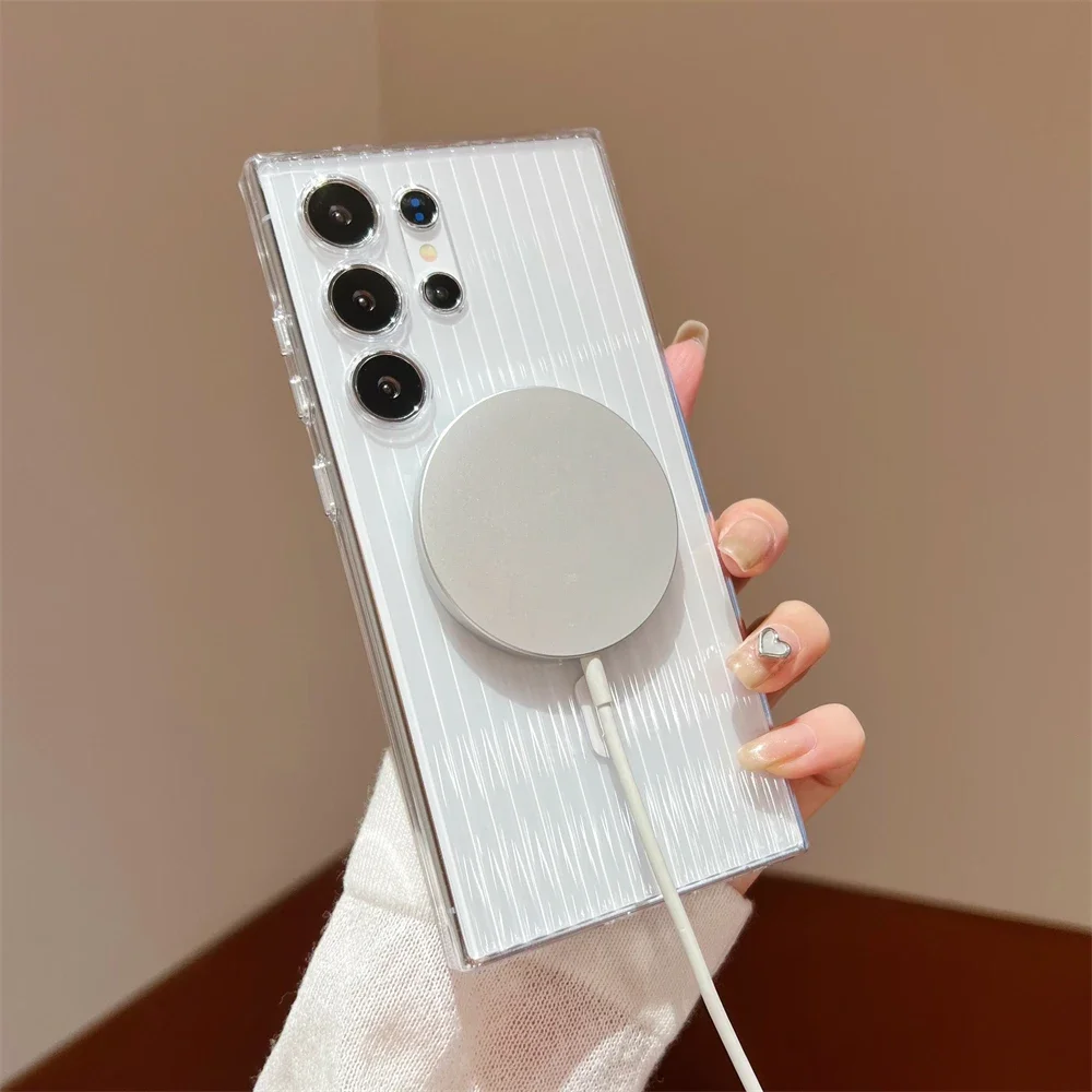 Funda transparente HD dura de lujo para Magsafe, funda para Samsung Galaxy S24 S23 Ultra Plus con rayas de carga inalámbrica magnética, funda para PC - imagen 5