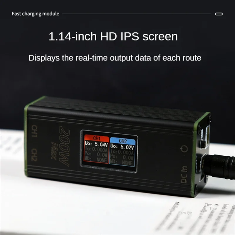 Cargador de escritorio de 200W, pantalla IPS de 1,14 pulgadas, 24V CC, 55x25mm a USB tipo C PD100W, convertidor desviador, teléfono, portátil, carga rápida