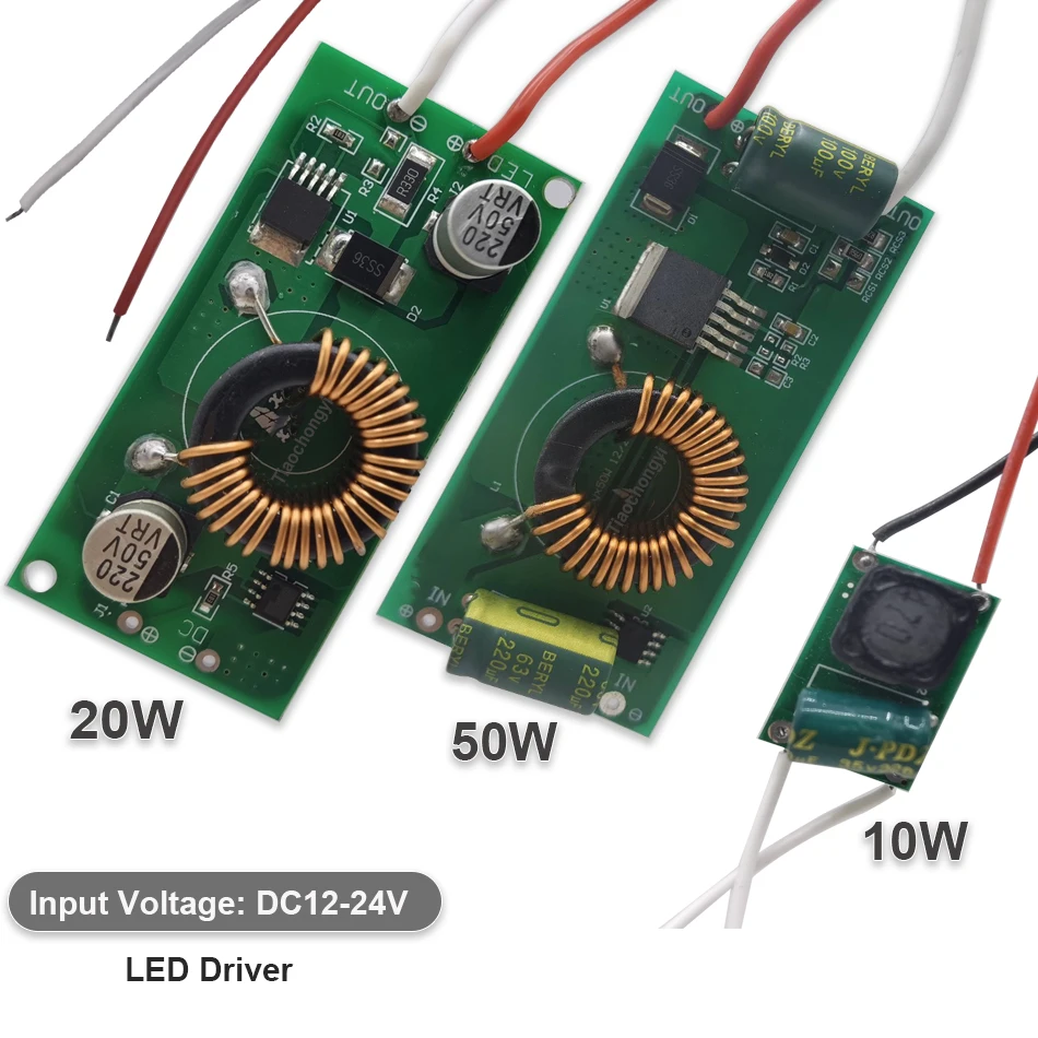 Controlador LED de corriente constante de DC9V-24V a CC, fuente de alimentación de entrada de 10W, 20W, 30W, 50W, blanco, verde, azul