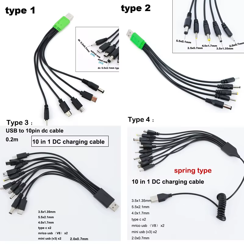 5 10 en 1 USB macho 10 vías tipo c mirco DC cable de carga de energía 5,5x2,1mm 2,5mm 4,0x1,7 3,5mm 2,0x0,7mm macho 5P V3 V8 mini USB - imagen 2