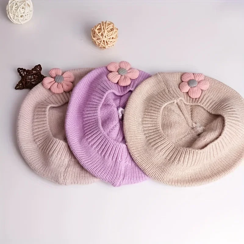 Gorro de boina de flores para bebé, gorro de punto cálido para invierno para niñas pequeñas, gorros de pintor de Color sólido de artista de princesa coreano para niños pequeños - imagen 4