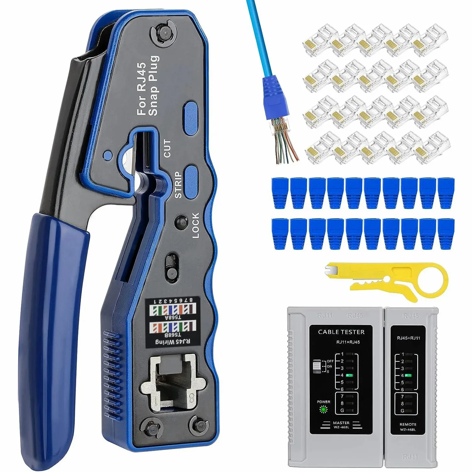 Kit de herramientas de prensado RJ45 CAT6 con conector de paso, botas y probador para Cat5e Cat6 UTP Ethernet Cale
