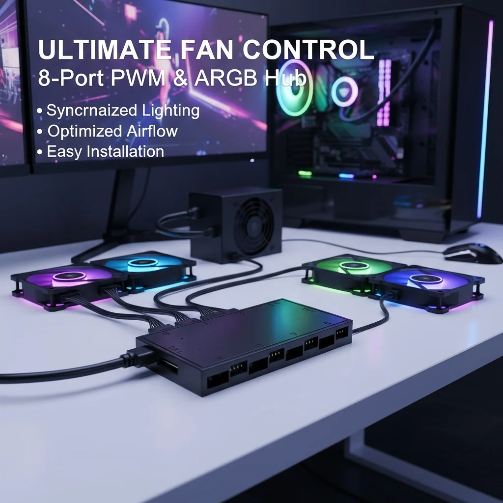 ID-COOLING 1 a 8 PWM y ARGB Hub Splitter 4 pines PWM 3 pines adaptador ARGB direccionable concentrador de interfaz SATA para ventilador con cubierta - imagen 2