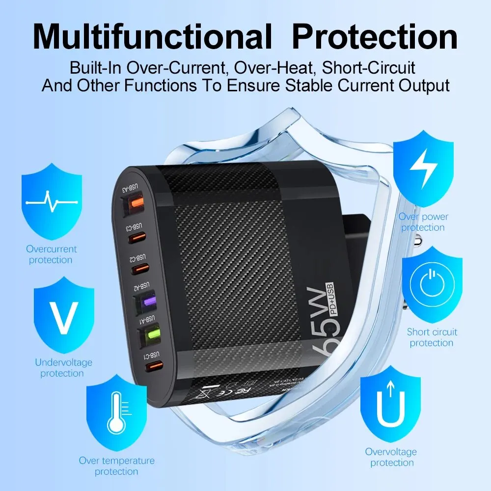 3.1A 6 en 1 3USB 3PD cargador QC3.0 cargador rápido de carga para Samsung S23 Xiaomi adaptador de carga de teléfono móvil enchufe UE/EE. UU./Reino Unido - imagen 4