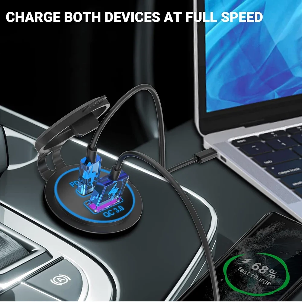 Enchufe de cargador de coche de 60W PD3.0 y QC3.0 puertos USB C dobles carga rápida impermeable 12V/24V para adaptador de motocicleta de barco de camión de coche - imagen 2