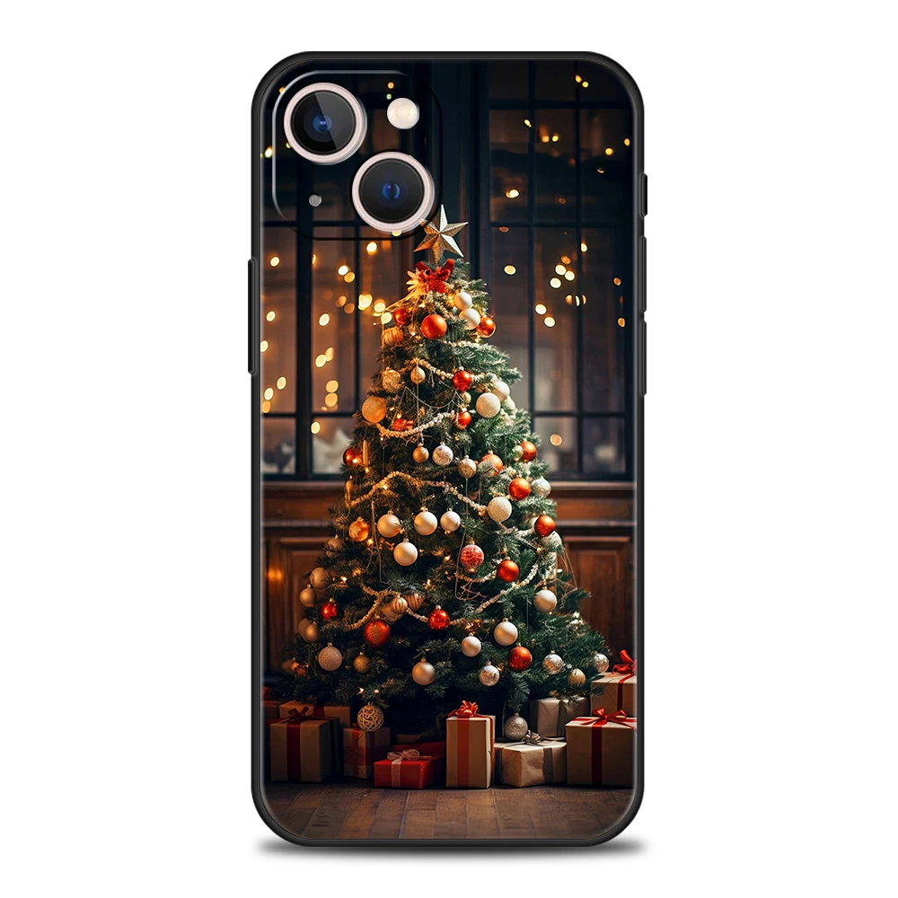 Funda de teléfono suave de TPU de lujo para iPhone 16 11 15 14 Pro MAX 12 13 7 8 Plus X XR XS SE 2022 cubierta negra Feliz árbol de Navidad - imagen 4