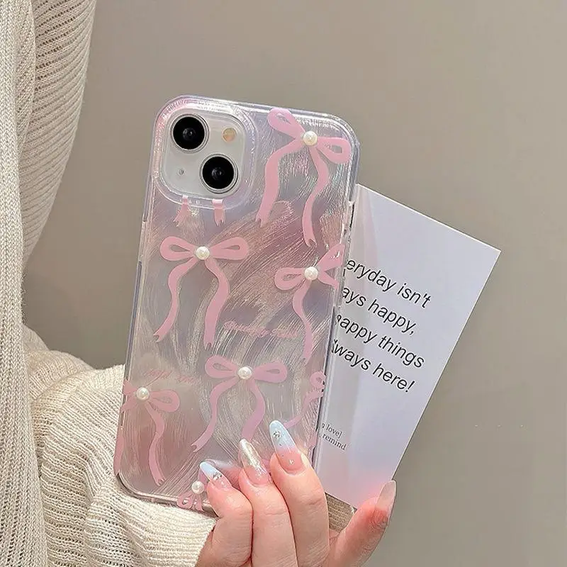 Funda de teléfono con lazo de perla rosa para iPhone 16 Pro Max 15 14 Plus 13 12 Mini 11 Pro X XR 7 8Plus carcasa anticaída a prueba de golpes - imagen 3