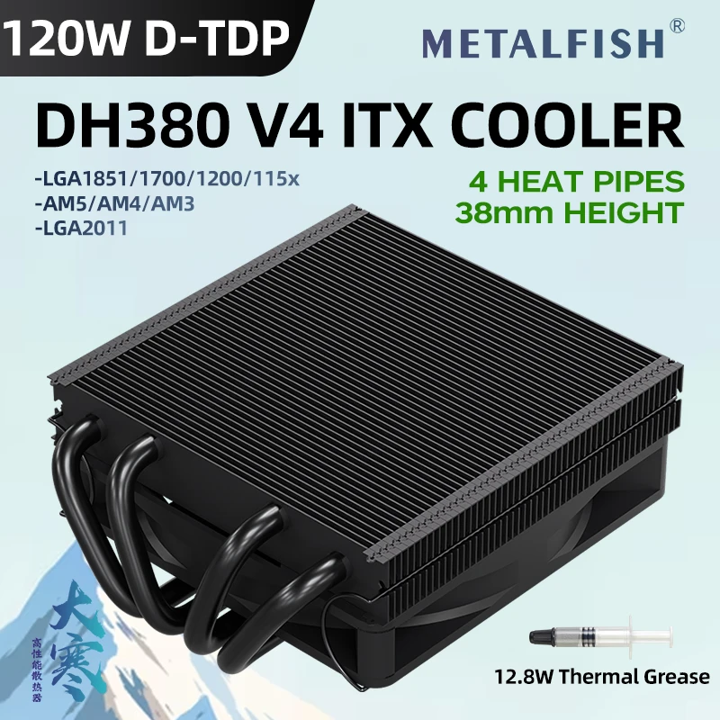 METALFISH DH380 Enfriador de CPU de perfil bajo de 38 mm Radiador de 4 tubos de calor para plataforma compacta 1700/1200/115x/AM5 AM4 Mini ITX