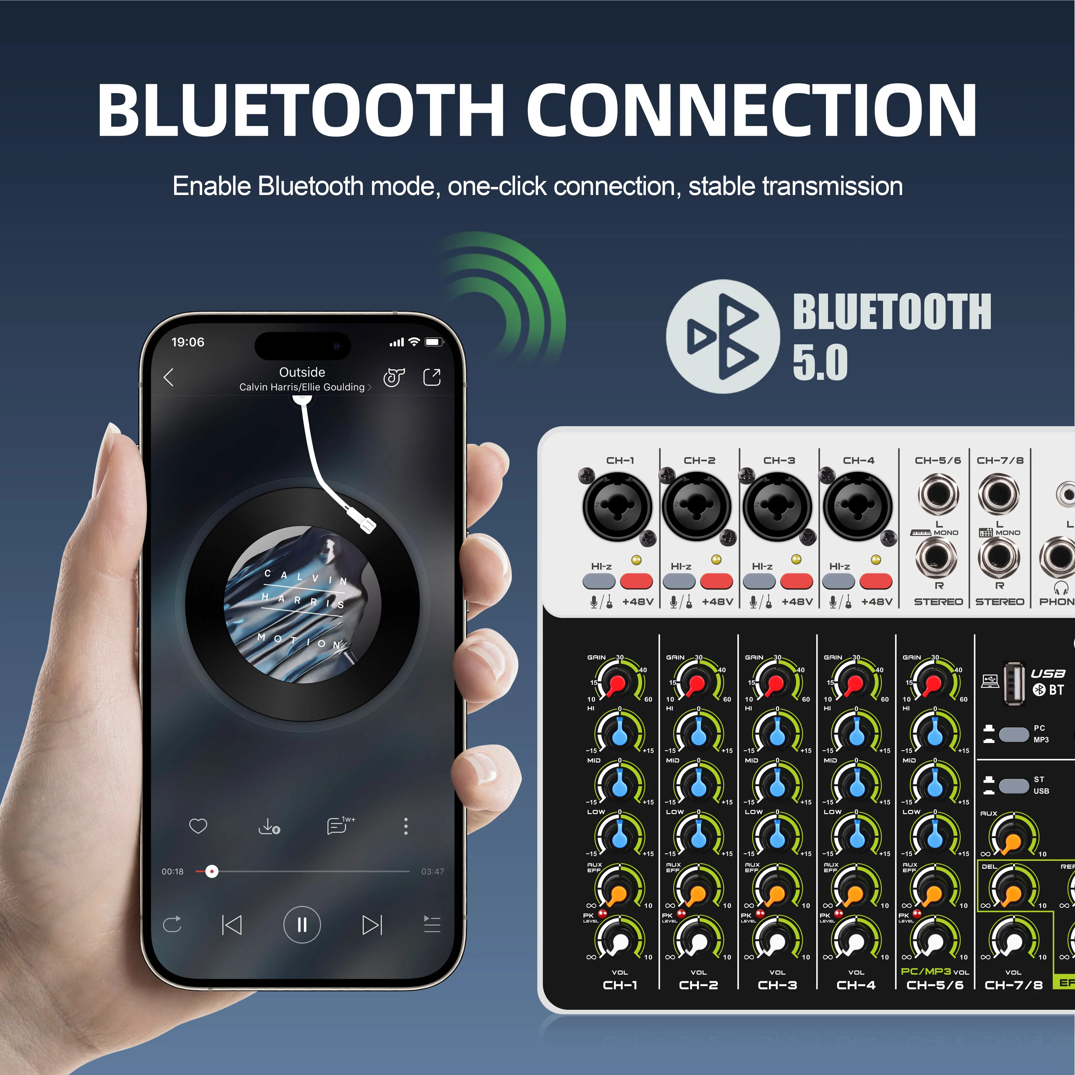 Mezclador de interfaz de Audio Debra V8, Bluetooth 5,0, alimentación fantasma para banda de escenario de estudio de computadora con efectos de reproducción de retardo - imagen 5