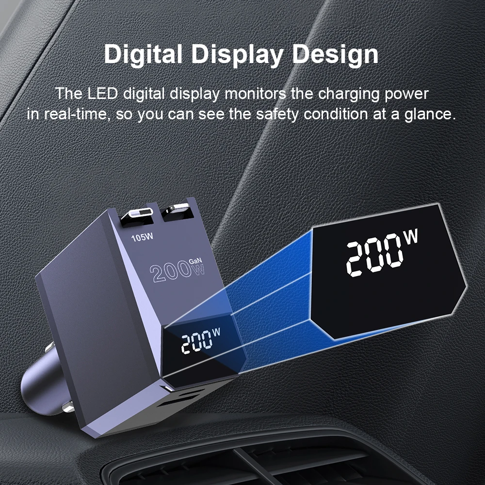 Ubigbuy 200W 4 en 1 cargador de coche retráctil diseño de pantalla Digital tipo C cargador de carga rápida con Cable tipo C para iPhone 16 15 - imagen 4