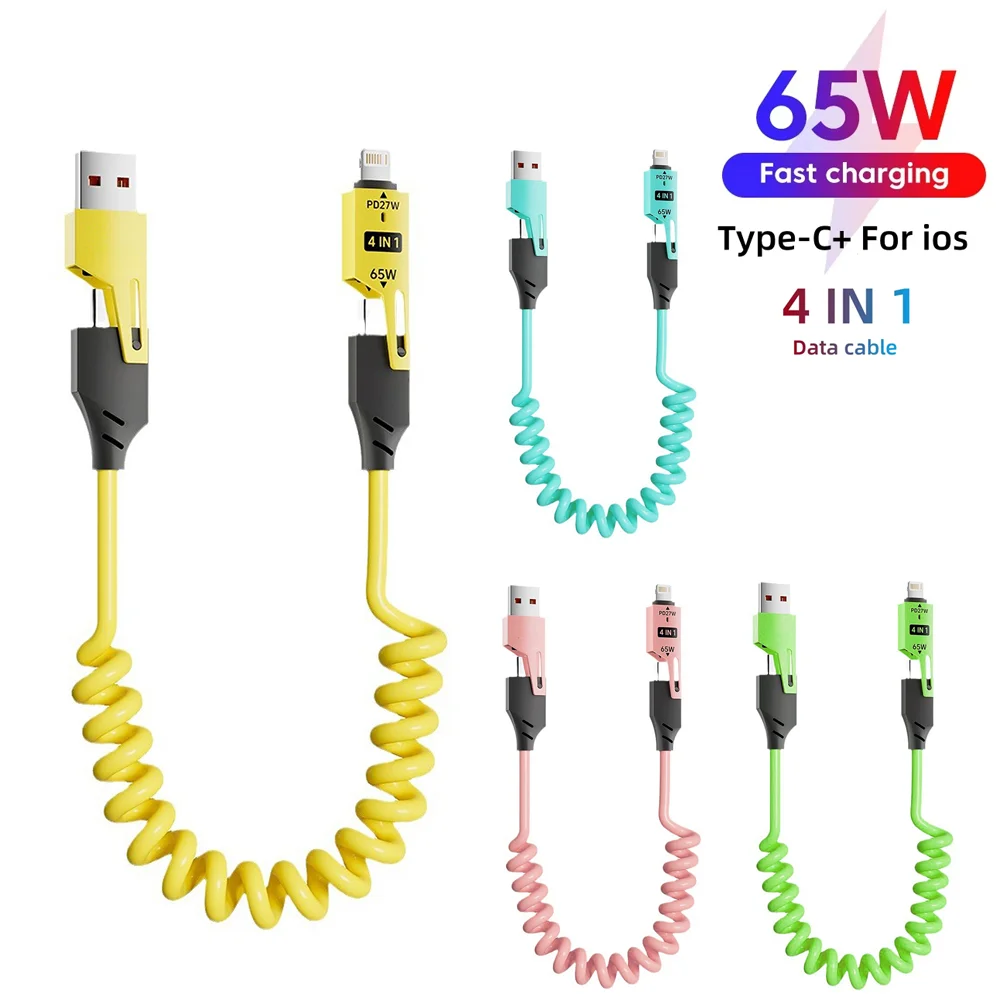 NNBILI 65w aleación de Zinc USB-C 4 en 1 Cable de carga rápida para iPhone Cable Usb tipo C para iPhone Xiaomi Samsung PD cable de datos de resorte