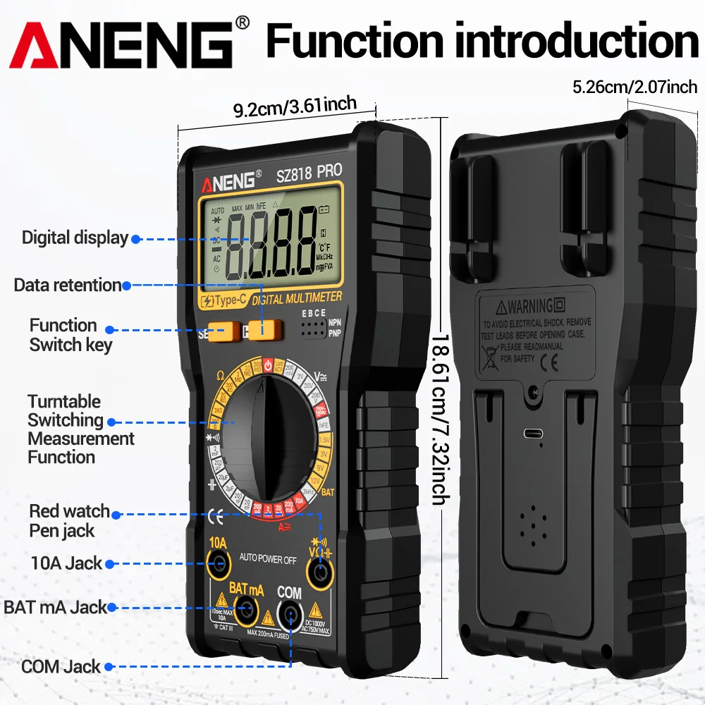 ANENG-probador multímetro Digital SZ818 PRO, corriente de voltaje CA/CC, prueba hFE, cable cero/fuego, multímetro profesional, herramientas de detección NCV - imagen 5