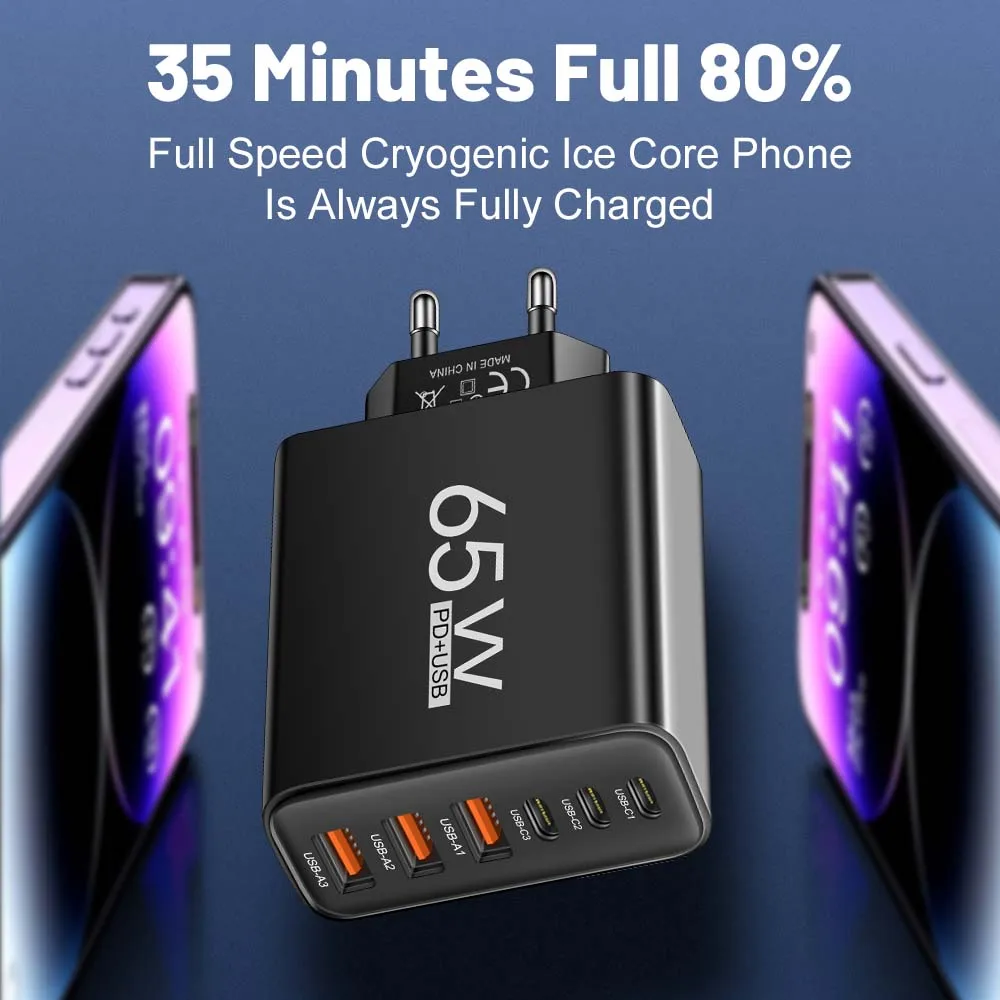 Cargador USB C Total de 65W, múltiples puertos tipo C PD, adaptador de pared para teléfono móvil de carga rápida para iPhone, Xiaomi y Samsung - imagen 2