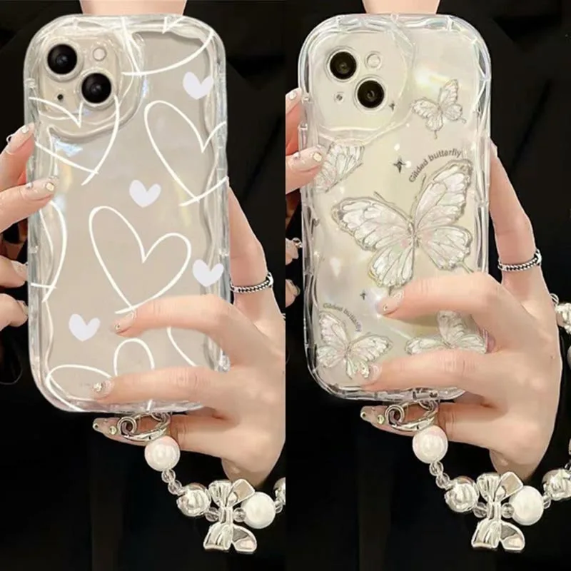 LoVE-funda de cadena con pulsera de mariposa y corazón para OPPO Reno 12 Pro 11F A60 A79 A78 A38 A58 A35 A16 A17 A3S, Funda transparente de silicona