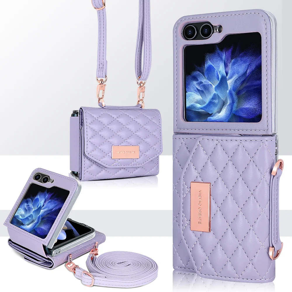 Funda de cuero con cordón para Samsung Galaxy Z Flip 6, 5, 4, 3, 5G, Flip6, Flip5, correa de diamante, Triple pliegue, monedero - imagen 3