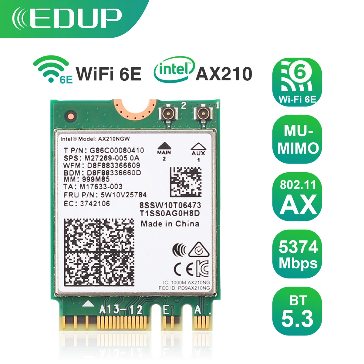 EDUP AX210 5374Mbps alta velocidad BT5.3 WIFI 6E tarjeta inalámbrica MU-MIMO 802.11AX compatible con Windows 10 /11 seguridad avanzada WPA3 - imagen 2