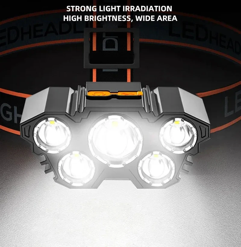 Linterna frontal LED 5/7 recargable por USB, linterna de cabeza fuerte para acampar al aire libre, linterna para pesca con batería integrada 18650 - imagen 4