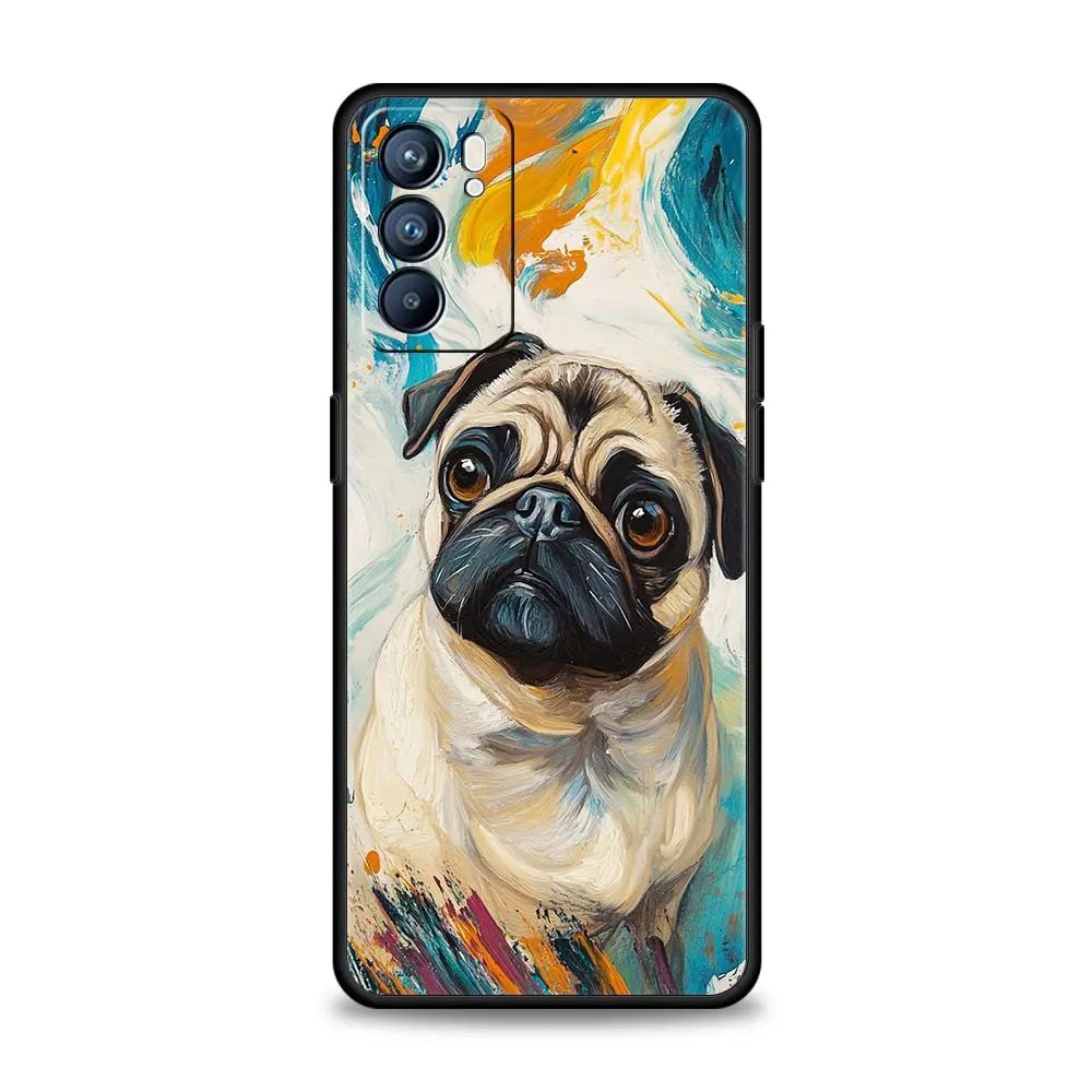 Funda de teléfono para Oppo Reno13 Reno12 Reno11 F Reno10 Pro A54 A53 A95 A76 A74 A57 A98 A80 A79 5G A78 4G cubierta negra Pug de primer plano - imagen 2