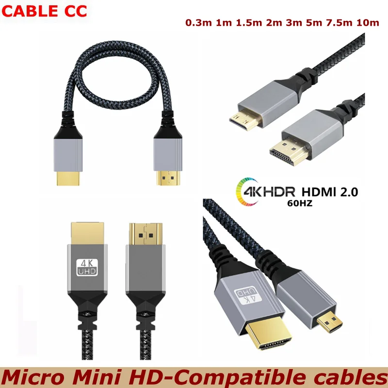 Cable macho de extensión Compatible con Micro Mini a HDMI, trenza de nailon de 0,3-10m, 4K, 60HZ, TPU, para cámara, PS3/4, 5, proyector, TV Box, portátil