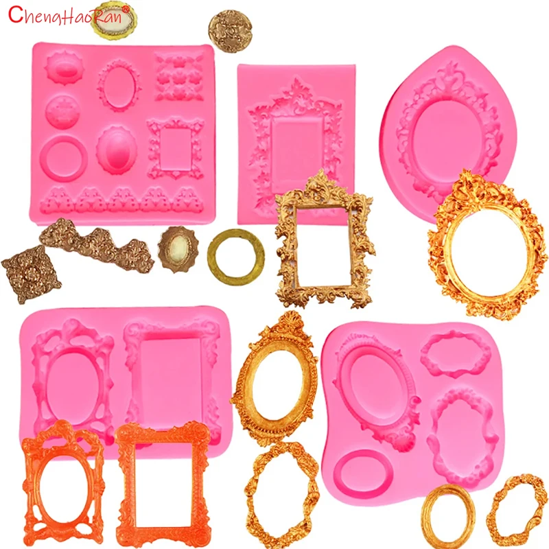 1 Juego de molde para Fondant, marco de fotos de desplazamiento de encaje, decoración de borde de pastel de caramelo de silicona, molde de resina para espejo de maquillaje de estilo barroco de Chocolate - imagen 4