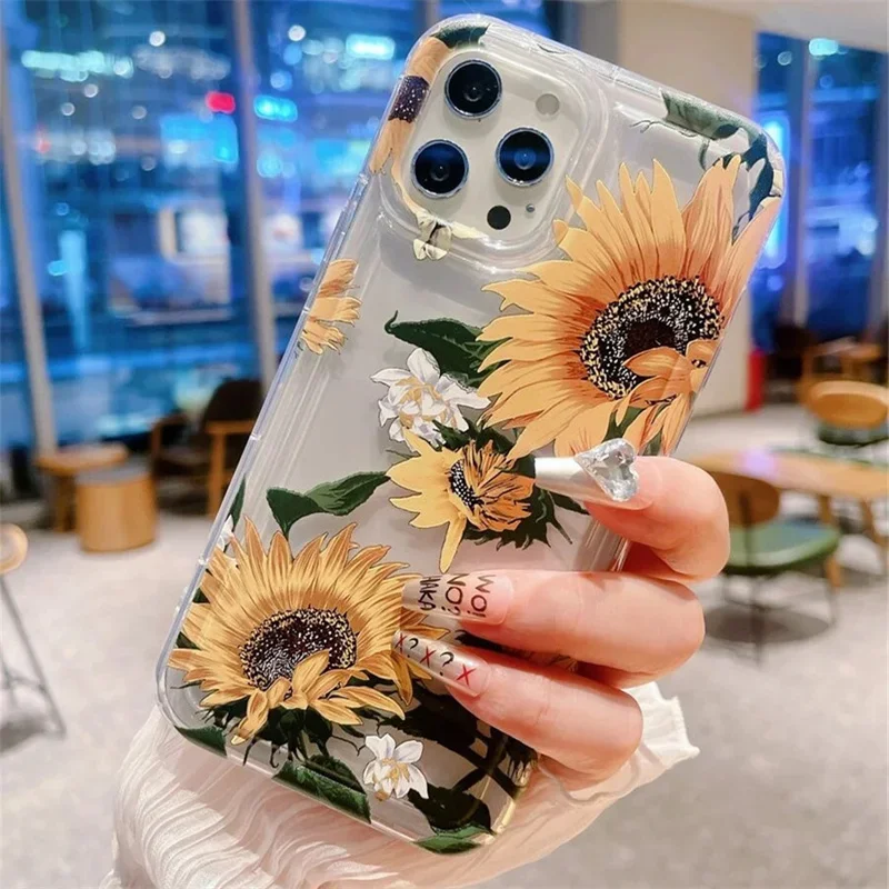 Funda de teléfono transparente pintada con flores y girasoles para iPhone 14 11 15 Pro Max 12 13 XR X XS SE 2022 7 8 Plus, funda de Airbag - imagen 5