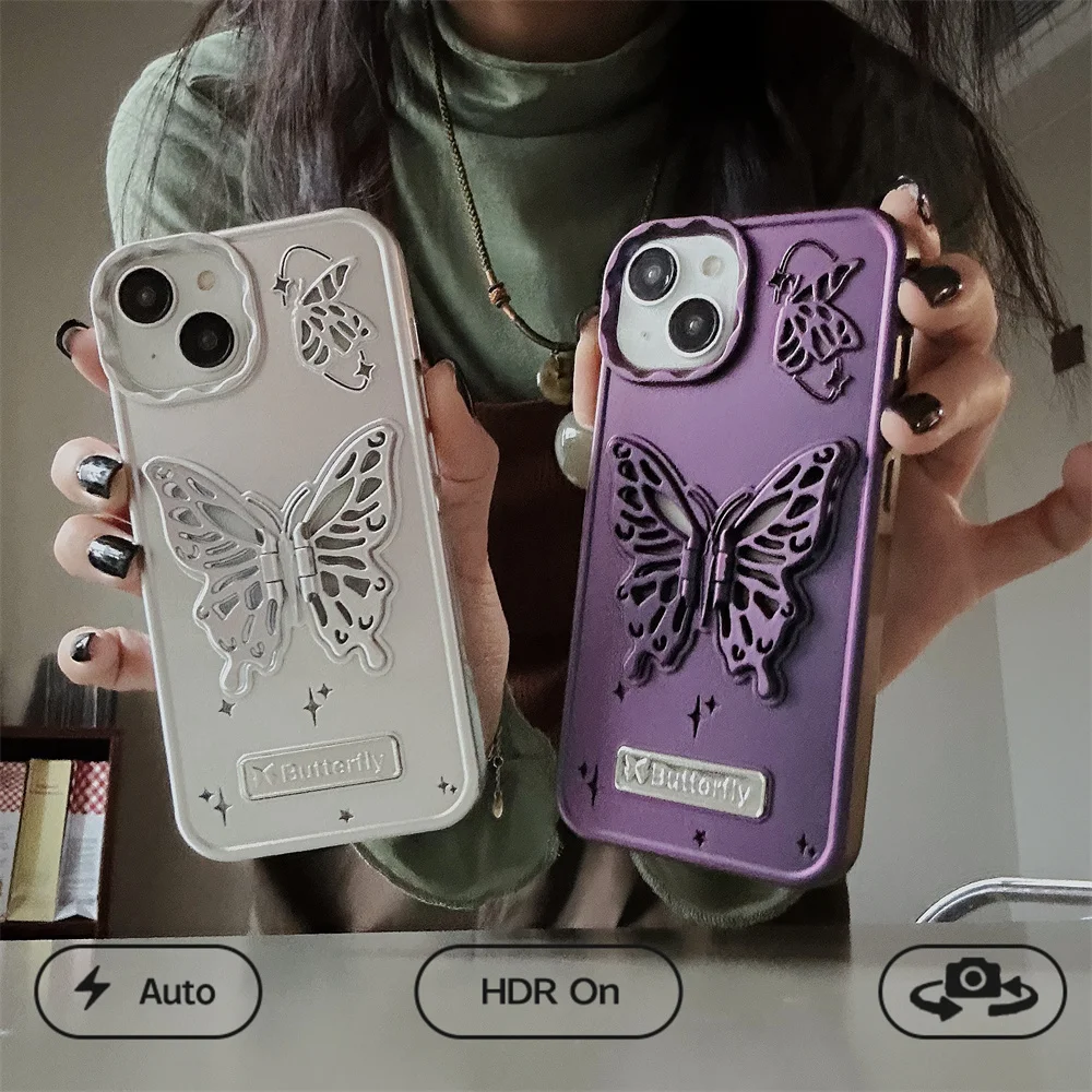 Bonita funda con soporte de mariposa 3D para iPhone 15 Pro Max 14 13 12 Pro Max, protector de lente de Metal chapado de lujo, cubierta de parachoques suave - imagen 5