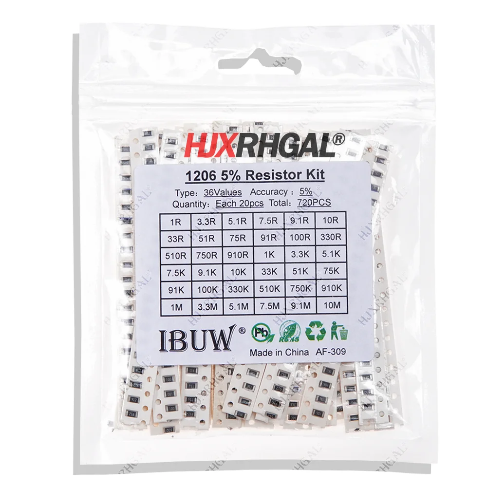 36 Valor * 20 piezas = 720 piezas 1206 Kit de resistencia SMD 1/4W 0,25 W 5% 1 ohm ~ 10 Mohm componente kit diy nuevo y original
