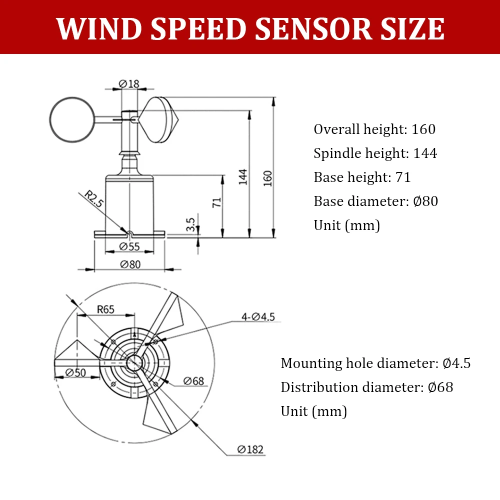 Estación meteorológica de 30 m/s para exteriores, Sensor anemómetro de 3 tazas, fibra de policarbonato, velocidad del viento, Sensor de dirección del viento, salida RS485 4-20MA 0-5V - imagen 5