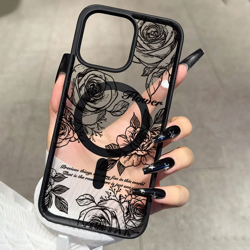 Funda de teléfono suave Circular magnética integrada Ultra transparente Floral para iPhone 17 Pro Max 16 15 14 Plus 13 12 11 cubierta transparente de aire - imagen 3